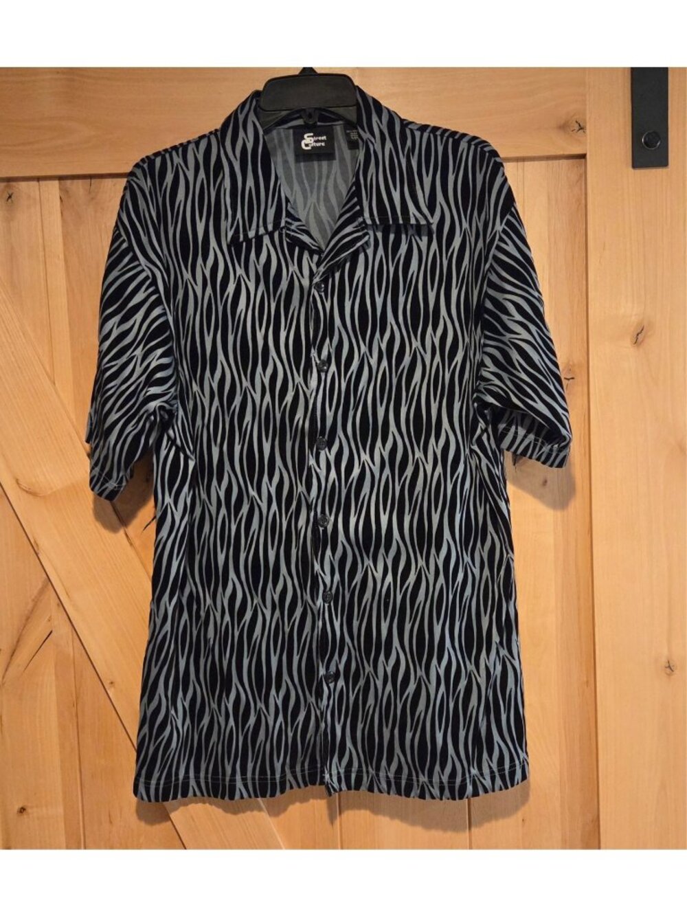 Street Culture Mens L Velvet Burnout Vintage Y2K Rave Shirt Black & Grey Flames